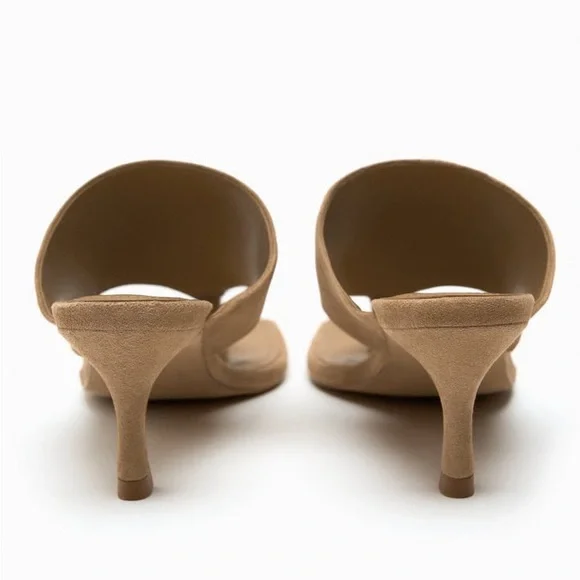 Zara Sandy Brown Toe Post Heeled Suede Leather Sandals